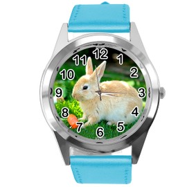 TAPORT® Quartz Watch Round Blue Leather for Rabbits Fans e2