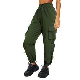 DLOODA Quick Dry Cargo Pants Lightweight Tactical Hiking Pants with 6 Pockets for Women, Elastic Waist and Water-Resistant Army Green