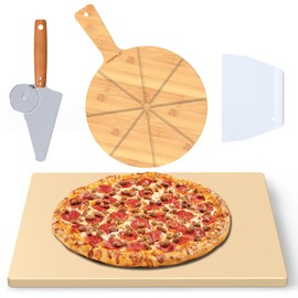 Mepple Pizza Stone For Oven Grill Baking & BBQ with Pizza Peel/Broad & Cutting Board Dual-purpose Pizza Roller Plastic Scraper Set Perfect for Crispy Crust Pizza Bread Toast Pie, 15" x 12" Pizza Stone