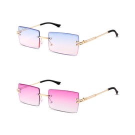 Kiiwah 2 Pairs Rectangular Rimless Sunglasses, Retro Ultra-Small Frame Sunglasses, Square Transparent Lens Sunglasses, Rimless Sunglasses, Blue, pink