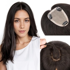 Hairro Hair Toppers 100% Real Human Hair, 10 inch Natural Black, 9x12cm Hand-Tied Silk Base Hair Topper for Women, Clip in Hair Topper Hair Piece Cover Thinning Hair