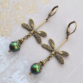 hsiyyecg Vintage Bronze Dragonfly Earrings Fashionable Gold Metal Carved Pattern Insect Earrings,Rhinestone Crystal Created Emerald Pearl Dangle Drop Earrings Jewelry Gift for Women