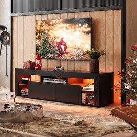 WLIVE 63 inch TV Stand for 50 55 60 65 70 75 Inch TVs, Modern Entertainment Center with LED Lights & 2 Large Storage Drawers, TV Console Gaming Media Television Stands for Living Room, Bedroom(Black)