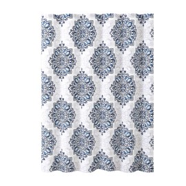 VCNY Home Tranquility Navy Blue White Fabric Shower Curtain: Floral Medallion Damask Design