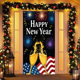 Happy New Year Door Cover 71x35 Inch Colorful New Year Champagne Door Covers Party Banner for Front Door Porch Decor Photography Backdrop Home Kitchen Winter Seasonal Entryway Decor