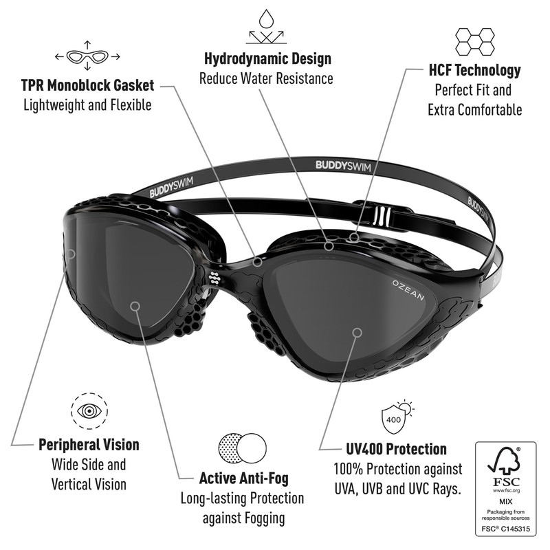 Buddyswim Ocean Swimming Goggles - Anti Fog UV400 Protection Peripheral