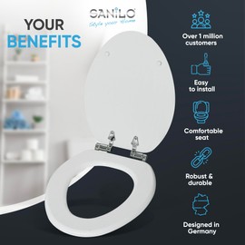 Sanilo Soft Close Toilet Seat ELONGATED, Quiet and Slow Close Lid and Seat, Strong Bumpers and Hinges (White Wood)