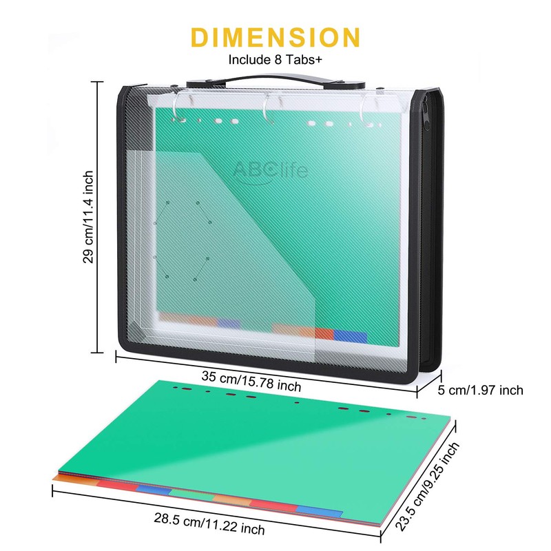 ABC life Zipper Binder with 8 Insertable Plastic Dividers, Document