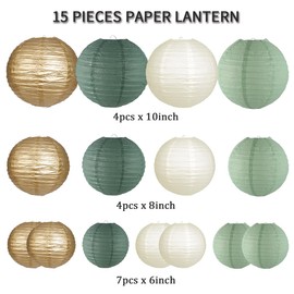 zilue Paper Lanterns Decorative, Round Hanging Paper Lanterns Decorations for Rustic Party Bridal Shower Wedding Sage Green Birthday Party Supplies Gold/Ivory/Sage Green 15pcs