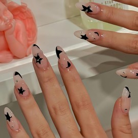24PCS Almond Press on Nails Medium Nude Fake Nails Full Cover Black Stars False Nails with Rhinestones Designs Stiletto Acrylic Nails Stick on Nails Glossy Artificial Nails Glue on Nails for Women
