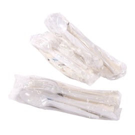 AmerCareRoyal Case of 250 6-in-1 Disposable Silverware Medium Heavy Weight Plastic Utensil Set with Teaspoon, Fork, Knife, Salt & Pepper, 12x13 Napkin - Individually Wrapped Cutlery Meal Kit, White