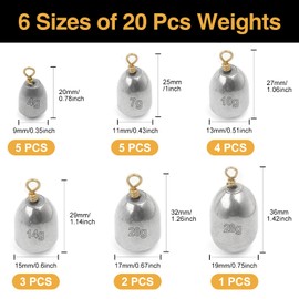 Realure 20 Pcs Fishing Weights Set 6 Sizes Sea Fishing Weights 4g 7g 10g 14g 20g 28g Pure Iron Sinker Weights Fishing for Saltwater Freshwater with Box