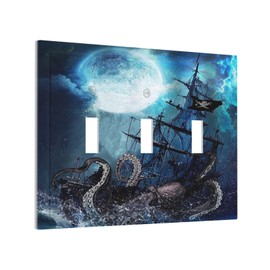Starry Moon Night Ocean Nautical Octopus 3 Gang Light Switch Plates Decorative Triple Toggle Wall Plate Monster Pirate Ship Outlet Cover Electrical Faceplate Boy Man Room Cool Decorate