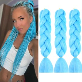 Braids Extensions, Blue, Pack of 3, Jumbo Braid Extensions, 24 Inches, Blue Braiding Hair, Synthetic Hair for Braiding Crochet Twist Braiding Hair, A31 Light Blue