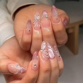 30Pcs Cat Eye Press on Nails Short Almond QUNQINLI Fake Nails Ombre False Nails Press ons with Pearl Line Butterfly Rhinestones Design Acrylic Glue on Nails for Women Manicure