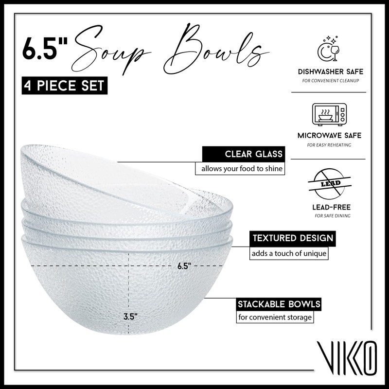 Vikko Soup Bowls, 6.5 Inch Salad Bowls, Glass Soup Bowls,