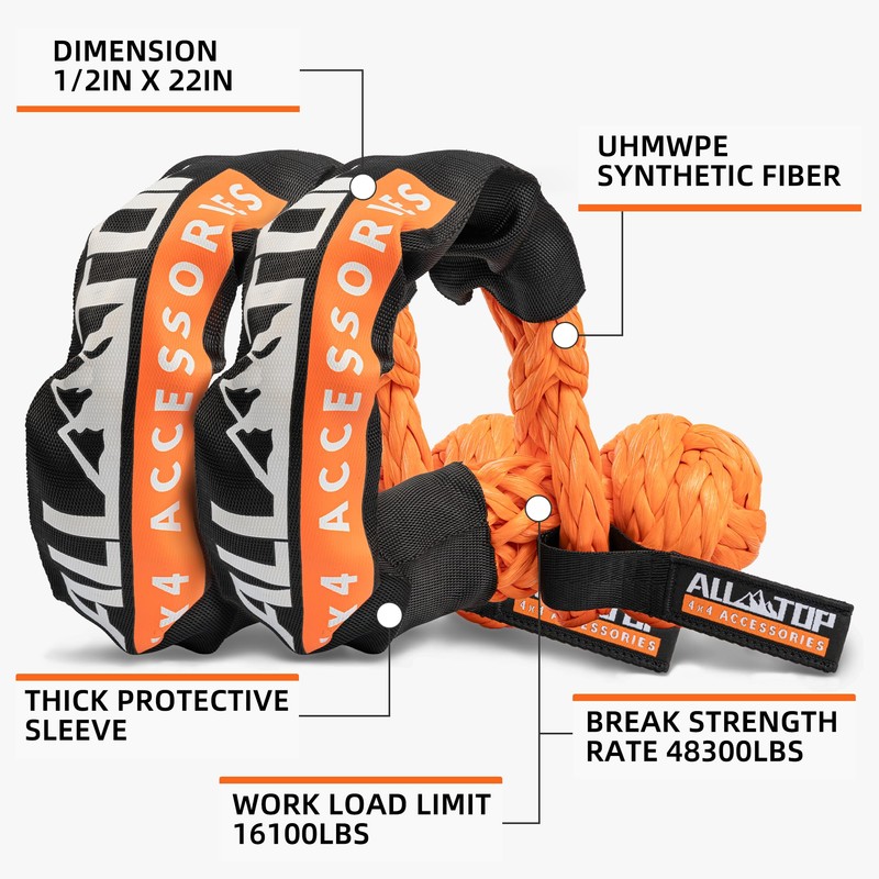 ALL-TOP Kinetic Rope Kit (Reflective) w/ 2 Soft Shackles, 48000Lbs,