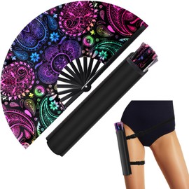 FairySandy Large Rave Fan UV Glow Hand Fan with Holster for Men/women, Disco Party Favor for Edm Music Festival Club Rave Accessories(Paisley)