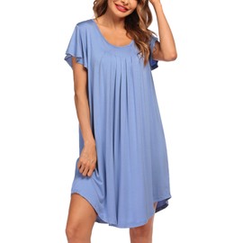 Ekouaer Nightdress Womens Sleepshirt Short Sleeve Sleepwear Pleated Nightshirt Summer Nighties Nightgown Sleepdress Loose, Blue, XL