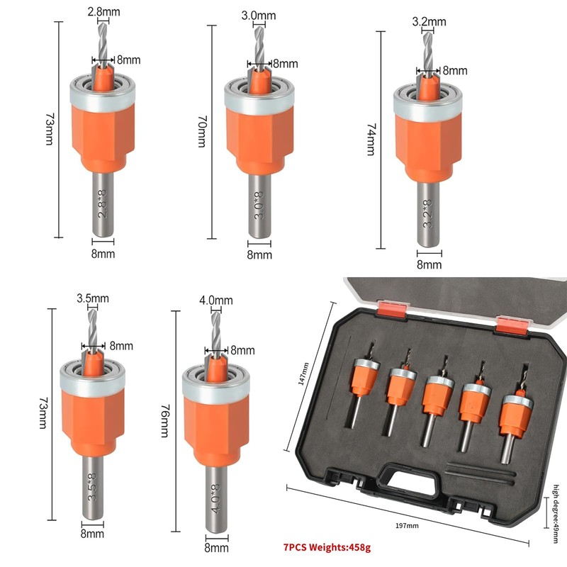 5-Piece Countersink Drill Bit Set with Adjustable Depth Stop for