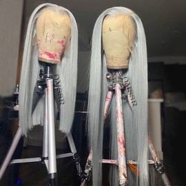 QMSSR 13X6 Lace Front Wig Long Straight Grey Synthetic Lace Front Wigs for Black Women Pre Placked Natural Hairline Heat Resistant Fiber Hair Lace Wig 24inch