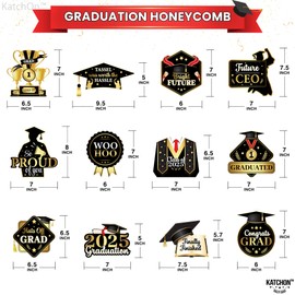 KatchOn, Black and Gold Graduation Centerpieces 2025 - Pack of 12 | Graduation Honeycomb Centerpieces for Table | Graduation Table Centerpieces for Graduation Decorations Class of 2025 Black and Gold