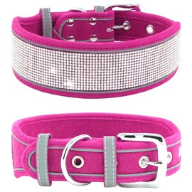 Pimaodog Rhinestone Dog Collar, Dazzling Sparkling Soft Suede Reflective Large Dog Collar Crystal Diamond Collar for Medium & Large Dogs (L:19-23", Hot Pink)