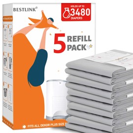5 Pack Refills Compatible with DEKOR PLUS Diaper Pails | 20% Extra Length Diaper Pail Refill Bags Liners Holds 3480 Diapers | Ultimate Odor Control with Baby Scented