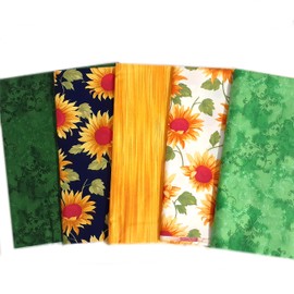Green Field Sunflowers Fabric Bundle 100% Cotton Floral Material from Lincoln Crafts (Fat Quarters 52cm x 50cm)