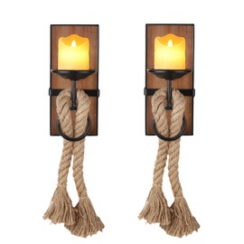 Wall Sconce Candle Holder Black Wall-Mount Metal and Wooden Candle Holders Hanging Iron Wall Candle Sconce Holder with Hemp Rope Decoration, for Home, Living Room, Bathroom, Dining Room, Set of 2
