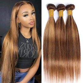 Dokksiiia P4/27 Honey Blonde Ombre Straight Bundles Human Hair #4 & #27 Piano Color Mix, Highlight Chocolate Brown & Honey Blonde Bundles, Brazilian Weave Hair Extensions 10 12 14 Inch