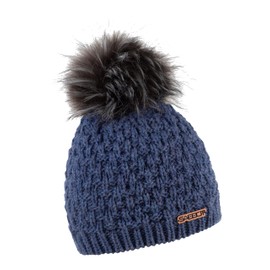 SABBOT Chic Women's Hat with Fur Bobble Fleece Lining Winter Hat Modern Knitting Pattern Warm Cap, Blue highlights