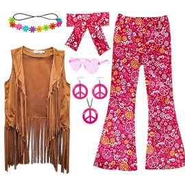 XonyiCos Carnival Costume Children's Girls 60s 70s Hippie Costume Disco Outfits Fringe Vest Boho Bell Bottoms Hippie Outfits Carnival Costume Children's Set (Brown, 11-12 Years)