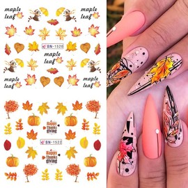 12 Sheets Maple Leaves Nail Art Stickers Fall Nail Supplies Maple Leaf Water Transfer Nail Decals Autumn Flowers Leaves Turkey Pumpkins Nail Art Design Stickers for Women Thanksgiving Nail Decorations