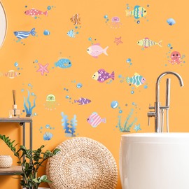 Mestiker Flock of Fish Wall Sticker Whale Sea Creatures Kids Room Bathroom Cute Sea Animal Wallpaper Sticker Removable Stylish Scandinavian Whale Interior Kindergarten Nursery -9.4 x 27.6 inches (24 x