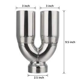 A-KARCK Dual Outlet Exhaust Tip 2.5" Inlet,Polished Double Wall Tailpipe Tip 3" Inlet Dual 3" Outlet 9.5" Long, Stainless Steel