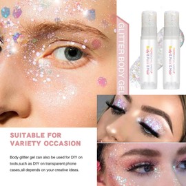 2Pcs Face Glitter Gel Stick, Body Glitters Sequins Shimmer Liquid Eyeshadow,Festival Accessories Mermaid Sequins Liquid Holographic Chunky Hair Glitter Gel(White)