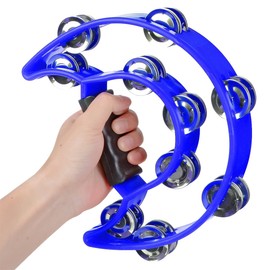 Half Moon Musical Tambourine Double Row Metal Jingles Hand Held Percussion Drum Multicolor and Egg Shakers for KTV Party with Ergonomic Handle Grip (Blue)