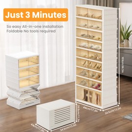 Tykacna Foldable Shoe Organizer Storage Box, Portable Extra Large Folding Shoe Rack for Closet, Shoe Storage Box with Magnetic Transparent Door and Wheels, 9 Layers 18 Grids with 2 Big Grids