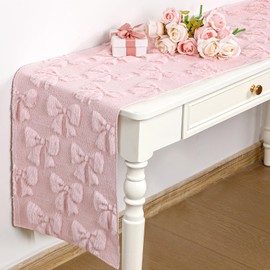Breling Pink Bow Table Runner Coquette Room Decor Bedside Cute Dresser Scarf Faux Fur Soft Coquette Bow Table Cover for Birthday Baby Shower Party Kitchen Dining Desk Decoration, 12" x 72"