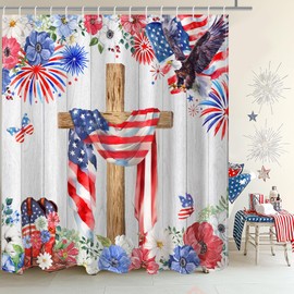 Lindameler 4th of July Shower Curtain, God Bless The USA Independence Day Shower Curtain with 12 Hooks Red Blue Floral American Patriotic Bath Curtain for Independence Day Bath Decor, 72 X 72 Inch