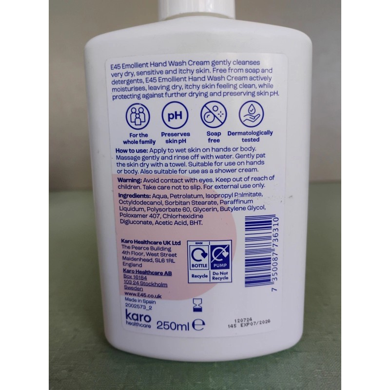E45 Emollient Hand Wash Cream 250ml 8.5oz 2-Pack Exp 07/2026