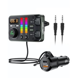 LENCENT Transmisor FM Bluetooth 5.3 para Carro, Adaptador Bluetooth para Coche, Reproductor de Música Hi-Fi Treble&Bass, Cargador Rápido para Auto con PD 20W&QC18W, Soporta 3.5 mm AUX&Memoria USB