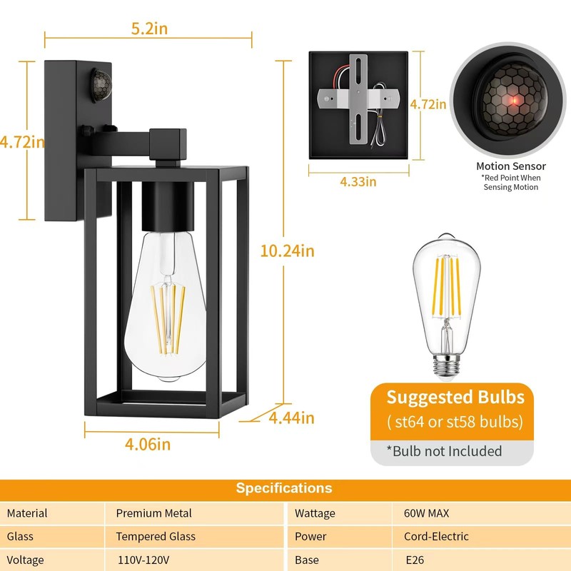 2 Pack Motion Sensor Outdoor Light Fixtures Wall Mount, H