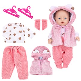 WanderGo Baby Puppen Puppenkleidung 35-43 cm, 6-teiliges Outfit mit 1 Weste + Oberteil + Hose + 1 Paar Socken + 2 Kleiderbügel , Kleine Bär Babypuppe Kleidung für 14-18 Zoll Puppen(Ohne Puppe)