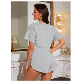 OYOANGLE Women's Two Piece Pajama Set Striped Print Crew Neck Short Sleeve Tee and Side Split Shorts Set Grey Medium