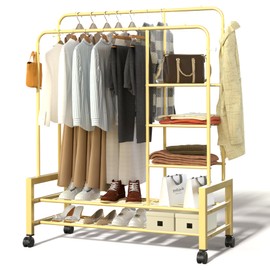 YLGJ& TIDY Expanded Capacity Clothes Rack, Clothing Racks for Hanging Clothes with Double Rods, More Storage Shelves and Hooks, Rolling Rack for Clothes, Heavy Duty Garment Rack Golden (YLYMJG01)