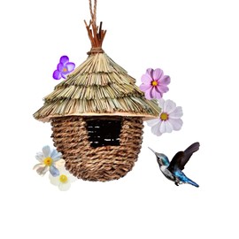 Casa Colgante para Pájaros y Aves, Nido para Aves y Colibrí, Decoración Jardín Exterior al Aire Libre para Ventanas, Casita de Hierba Natural Tejida a Mano