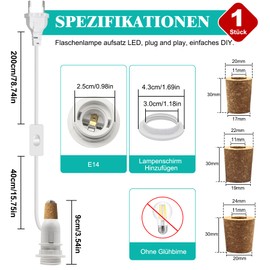 Lamp Holder for Bottles, E14 Socket with Cable and Switch, 240 cm Bottle Adapter Lamp, DIY Bottle Lamp Attachment for Table Lamp, Compatible with Lampshade, for Bedroom, Living Room, 60 W