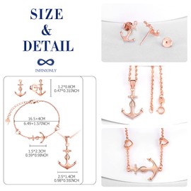 INFINIONLY Women's / Girls' Necklace Bracelets and Earrings, 925 Silver Jewellery Sets, Anchor Necklace Bracelet Earrings, Pendant Bracelets Earrings with Anchor and Infinity Symbol, Rose Gold,